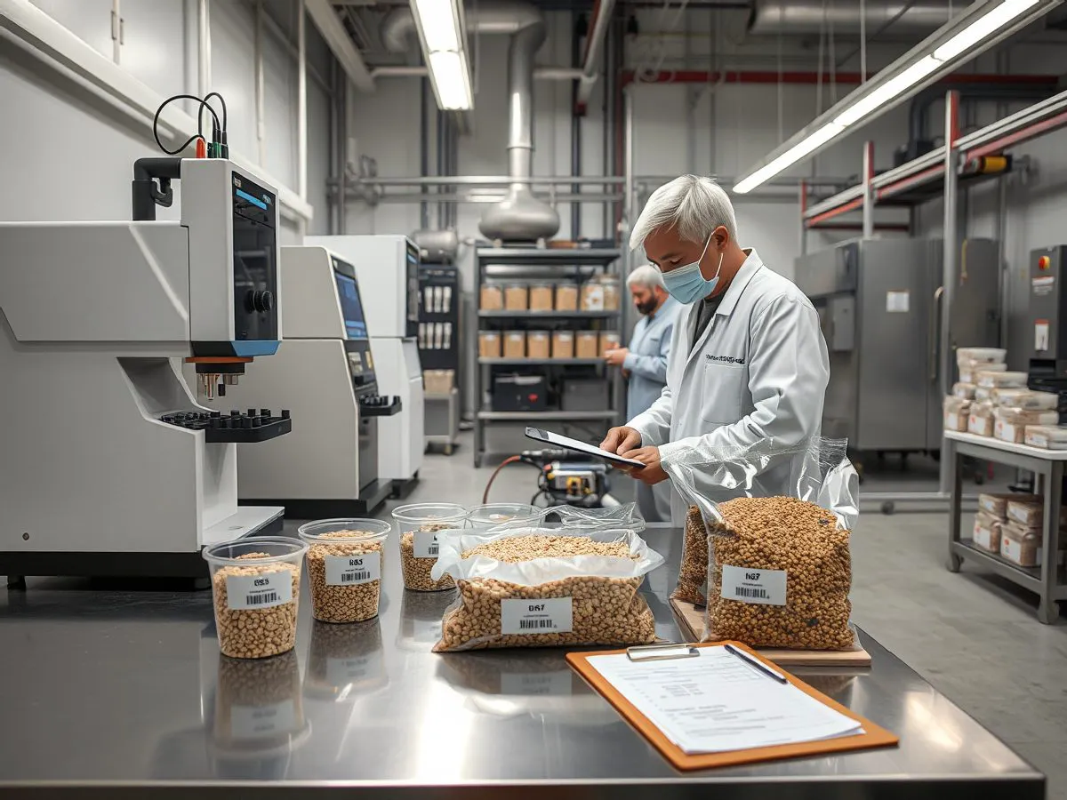 粮食品质检测实验室场景，技术人员正在操作检测仪器